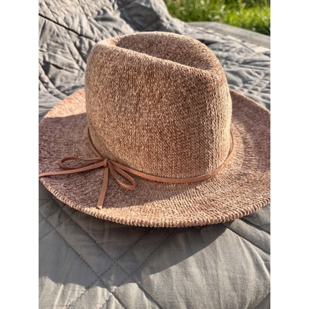 Boho Fedora Hat OS Mauve Brown Polyester Knit Faux Leather Bow Trim Adjustable‎